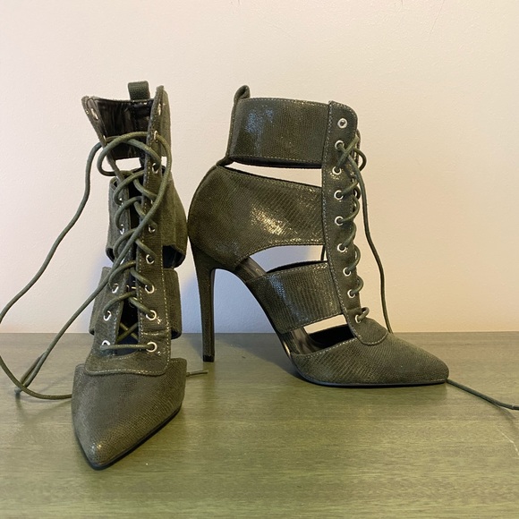 Brand New Olive Alligator Lace Up High Heel Boots - Picture 2 of 9